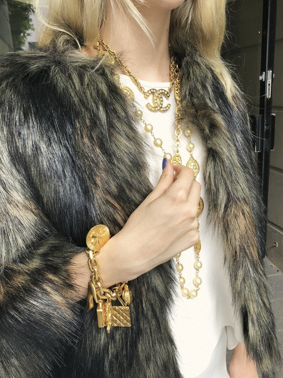 Vintage gold charm bracelet and pearl necklaces